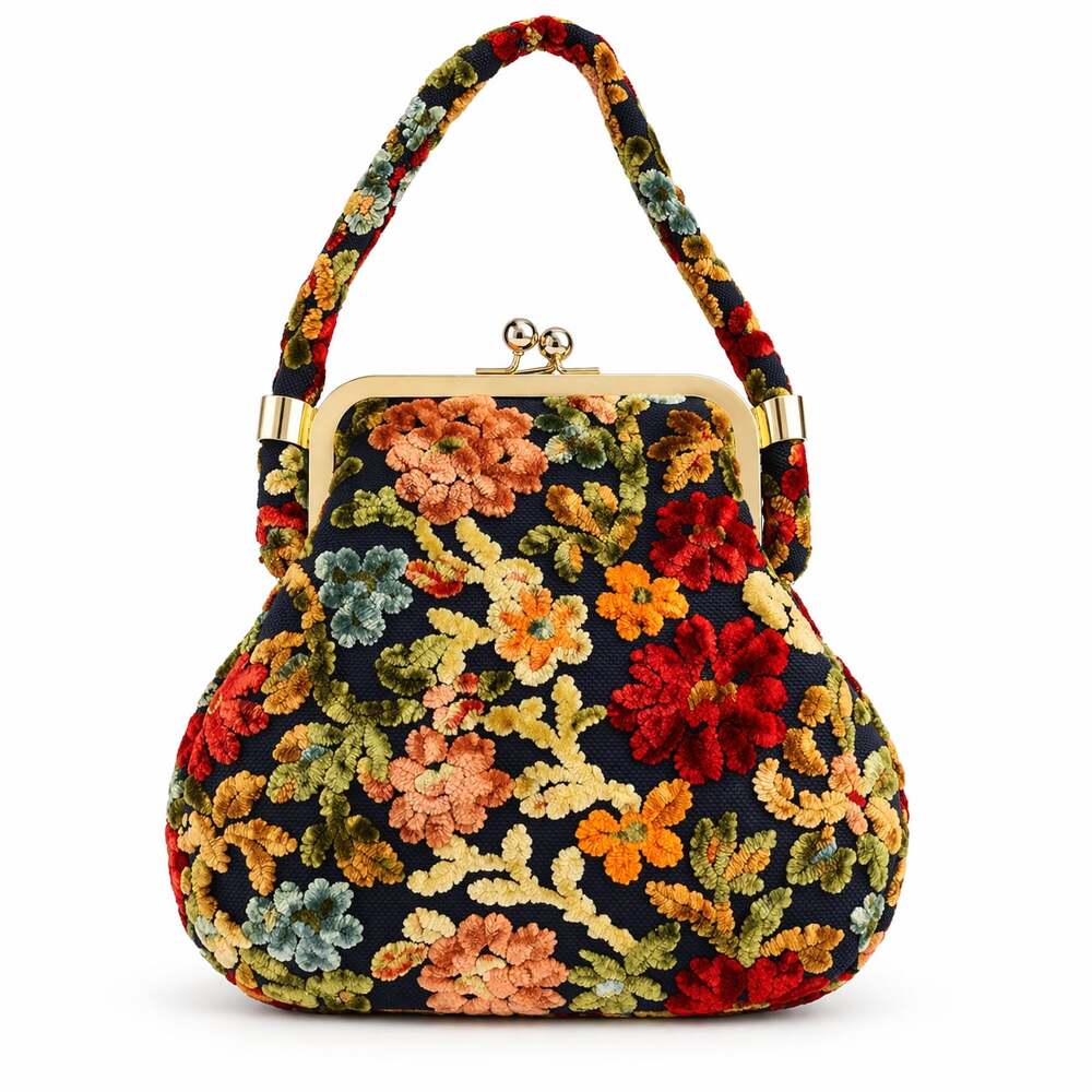Vintage John Wind Floral Tapestry Kiss Lock Top Handle Handbag